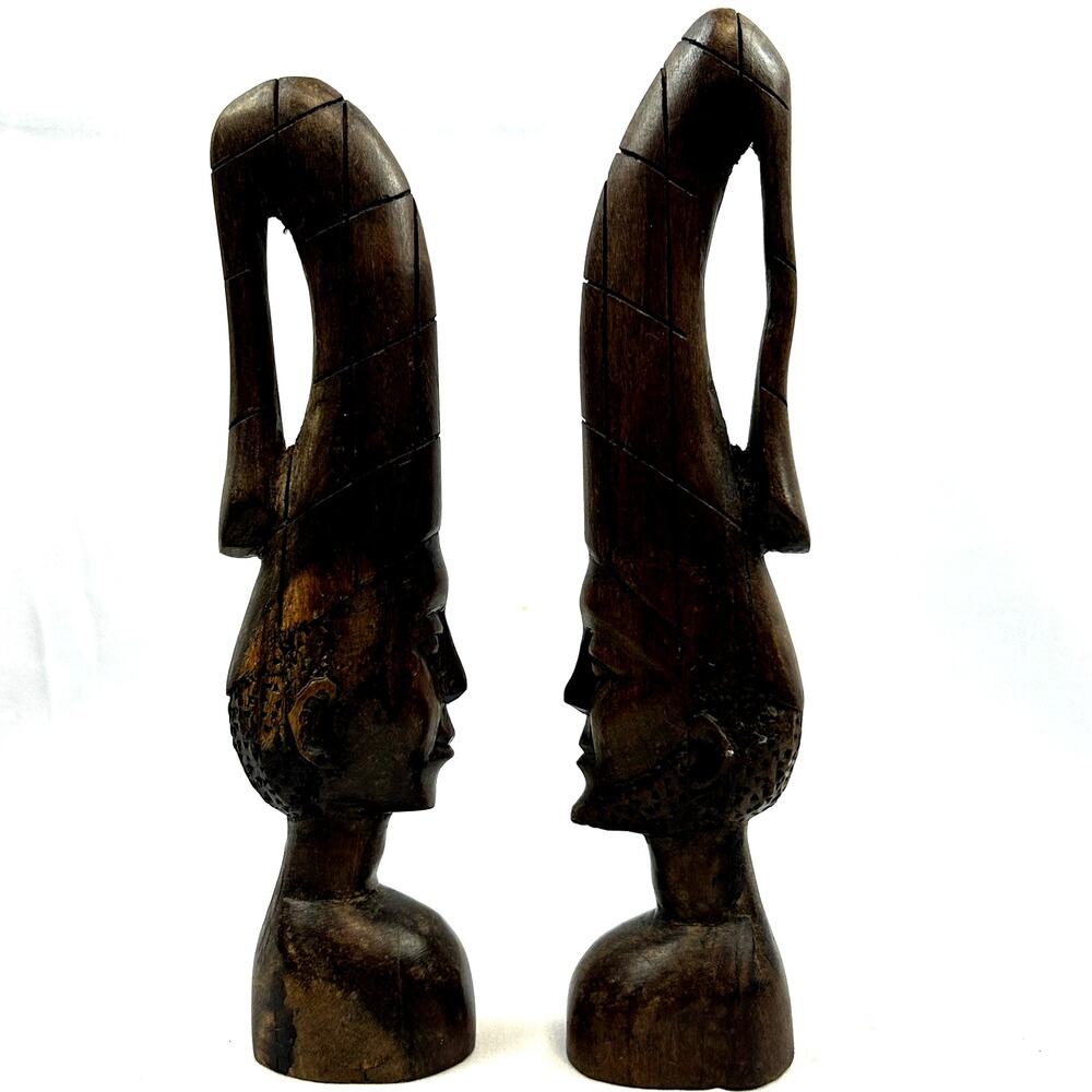 SKU2706 Set of 2 African Busts Hand Carved Wood Man Woman Vintage Sculptures